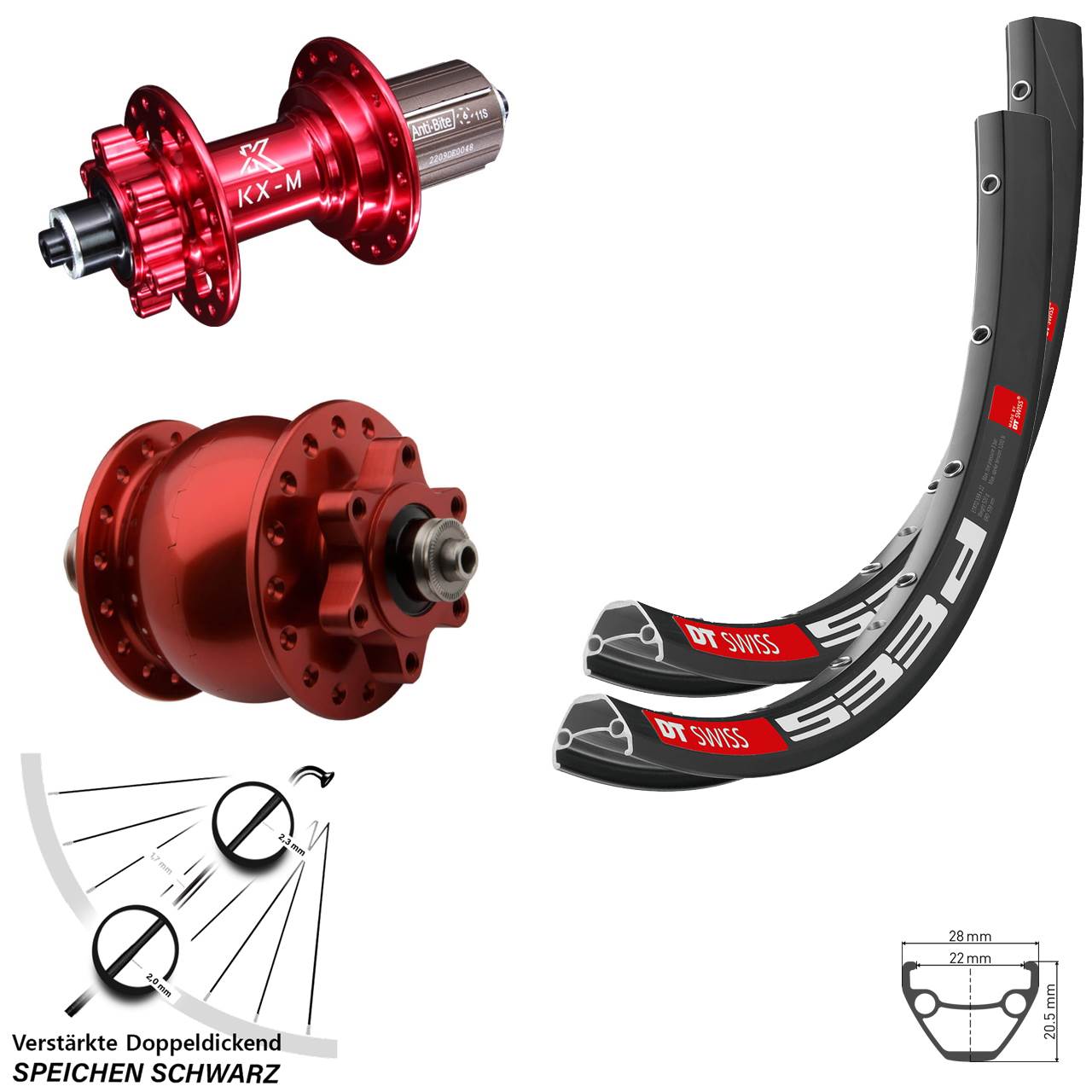 Laufradsatz QR SON 28 Zoll DT Swiss 533 D KX-M rot Disc 6-Loch 8-12 fach HG