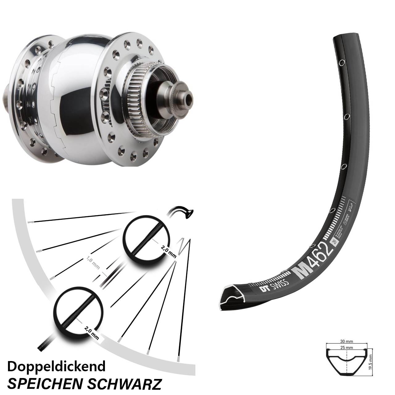 27,5 Zoll DT Swiss M 462 SON 28 Centerlock Vorderrad mit Nabendynamo für Schnellspanner