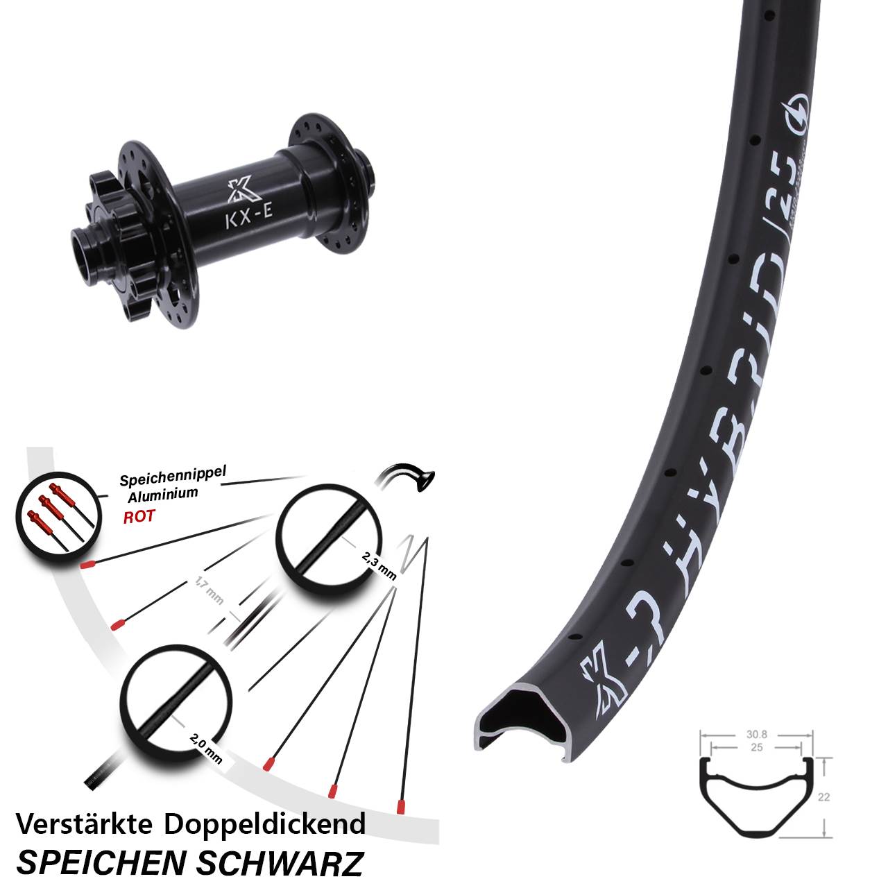 Vorderrad 6-Loch 26 Zoll KX-R Hybrid 25 schwarz 4-fach gelagert 15x110 Boost