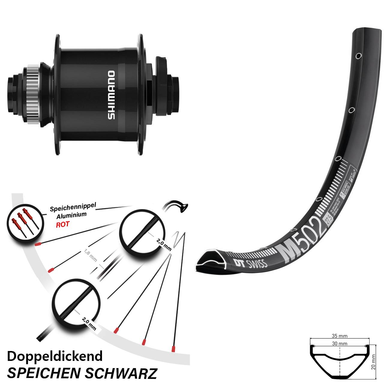 DT Swiss M 502 Shimano DH-UR708-3D 27,5 Zoll Disc Vorderrad mit Nabendynamo 15x100
