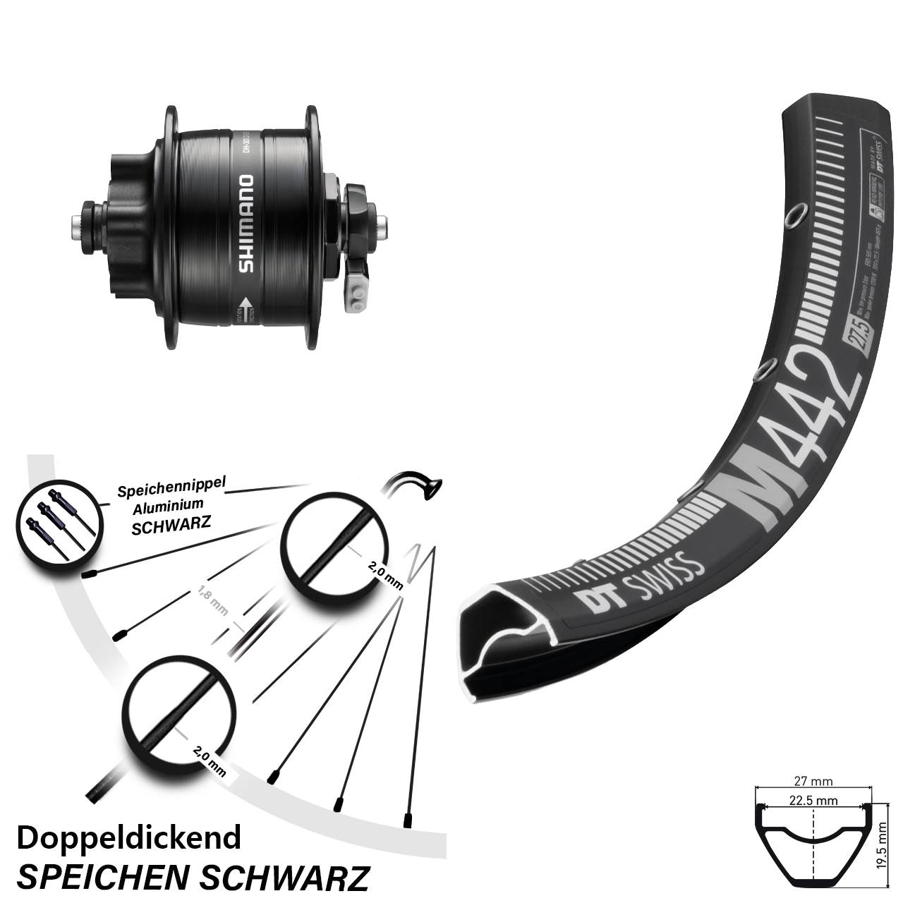 Nabendynamovorderrad 6-Loch QR 28 Zoll DT Swiss M442 Shimano DH-3D32