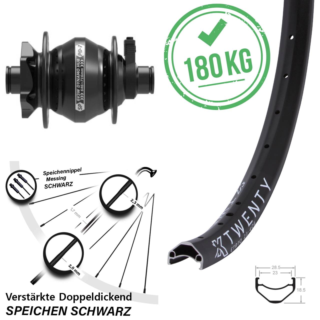 Shutter Precision KX Twenty 20 Zoll Disc Laufrad mit Nabendynamo 12x100