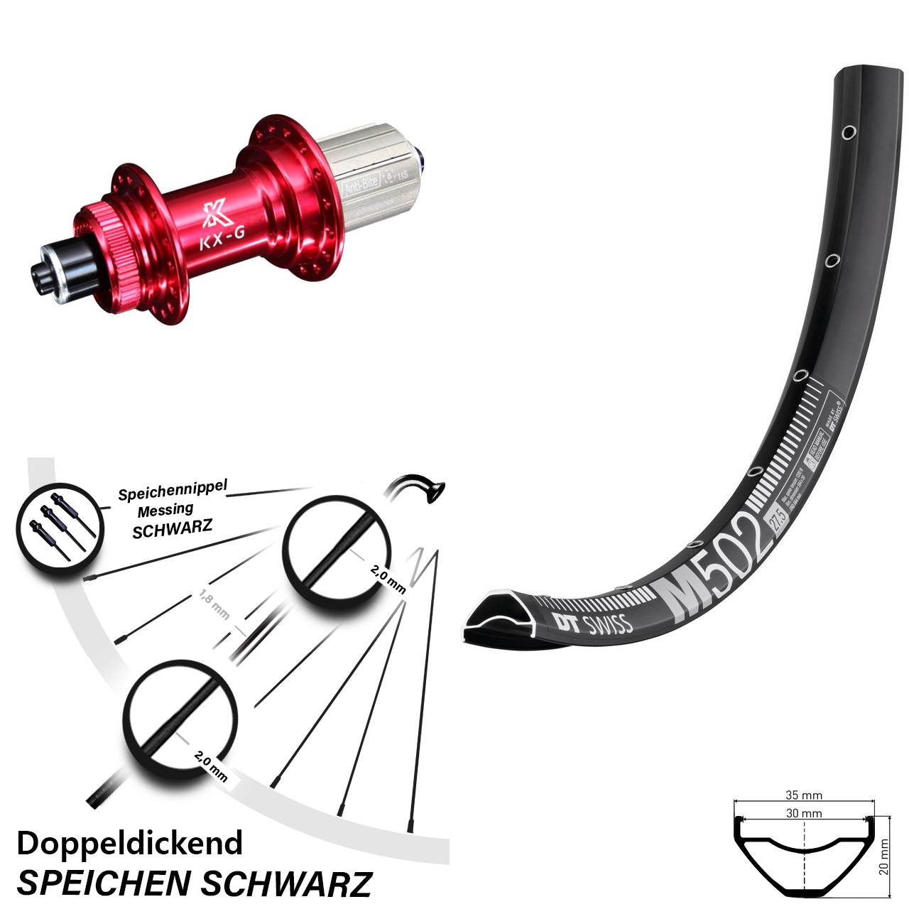 27,5 Zoll DT Swiss M502 KX-G rot Centerlock Hinterrad für Schnellspanner 8-12 fach