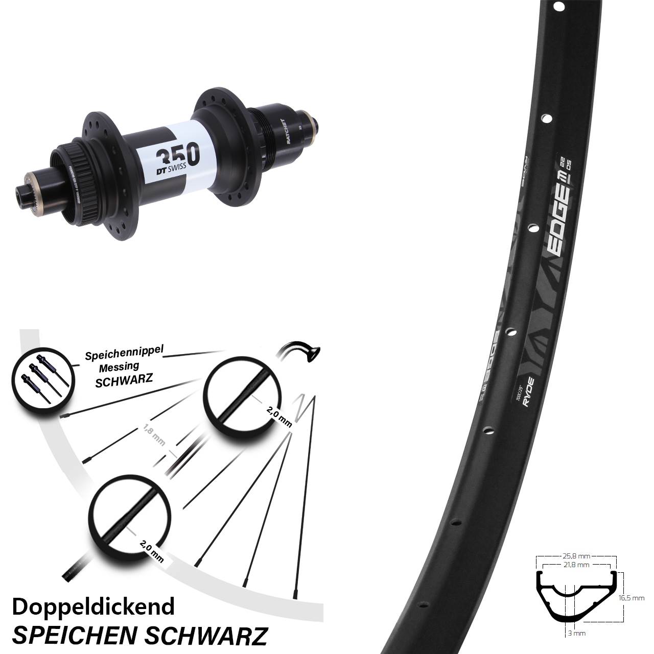Ryde Edge M22 OS DT Swiss 350 28 Zoll Hinterrad Centerlock QR XD 11-12 fach
