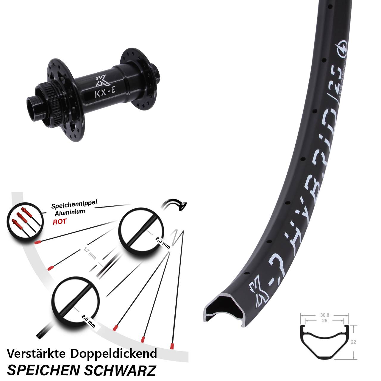 E-Bike Vorderrad 26 Zoll KX-R Hybrid 25 Heavy Duty 15x110 Boost Centerlock