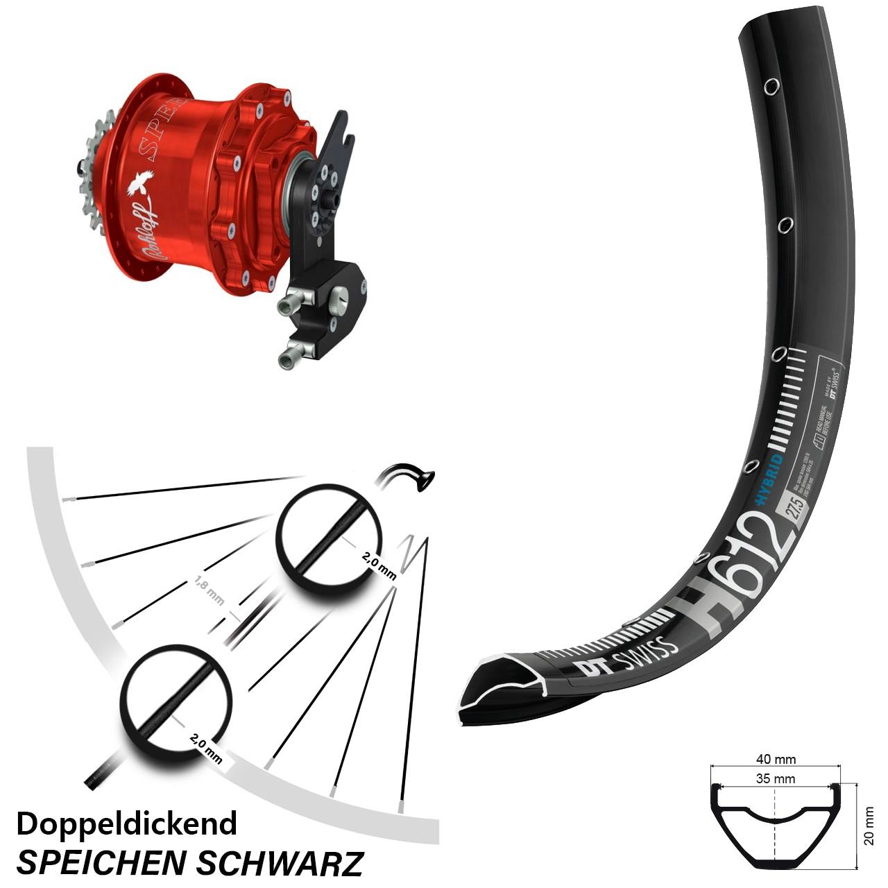Disc Hinterrrad 27,5 Zoll DT Swiss H612 Rohloff Speedhub CC DB OEM2 rot