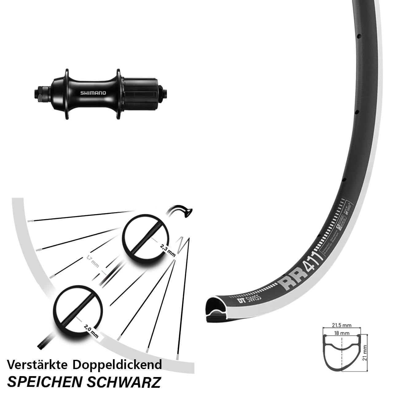 28 Zoll DT Swiss RR 411 OS Shimano Sora FH-RS300 Hinterrad für Schnellspanner 8-11 fach