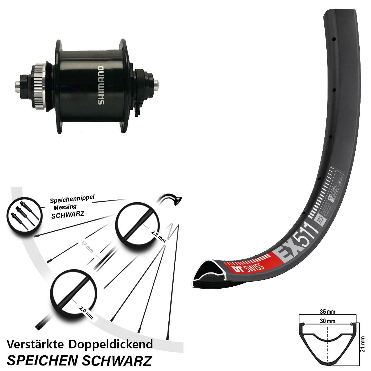 Nabendynamo-Vorderrad Centerlock 29 Zoll DT Swiss EX511 Shimano DH-UR700-3D QR