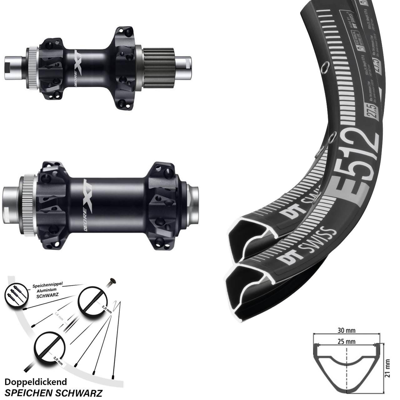 Laufradsatz 27,5 Zoll Shimano XT Boost Straightpull DT Swiss E 512 12-fach Micro Spline
