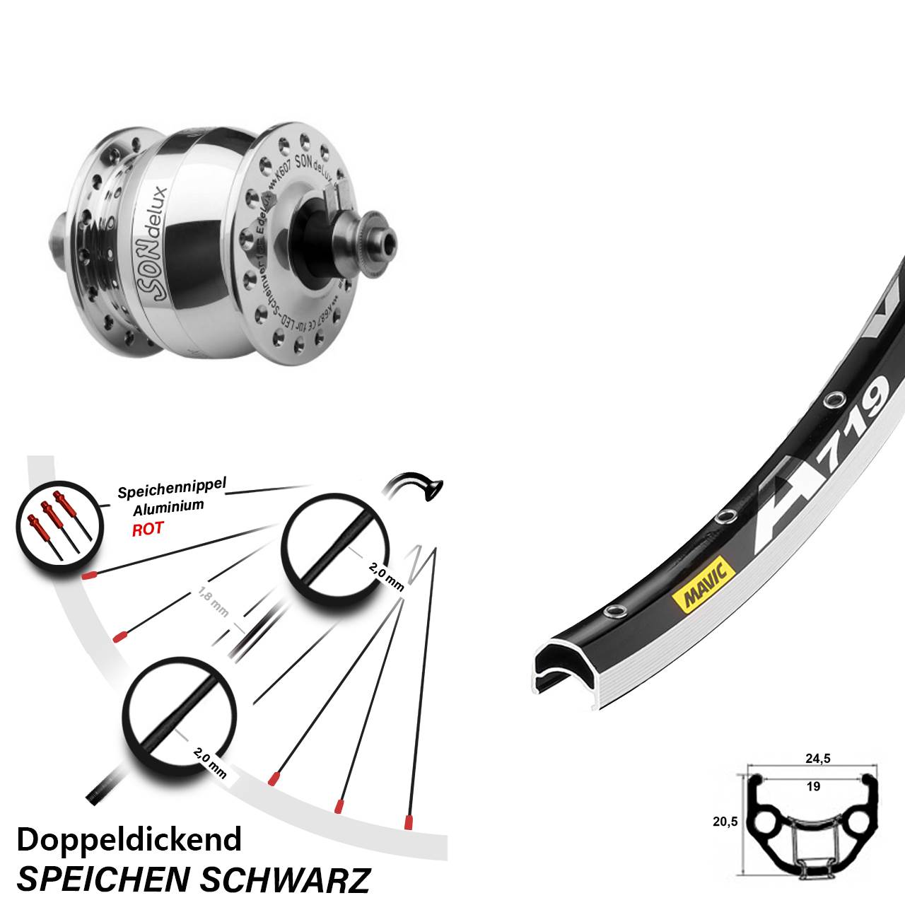Nabendynamolaufrad 28 Zoll Mavic A 719 SON delux QR