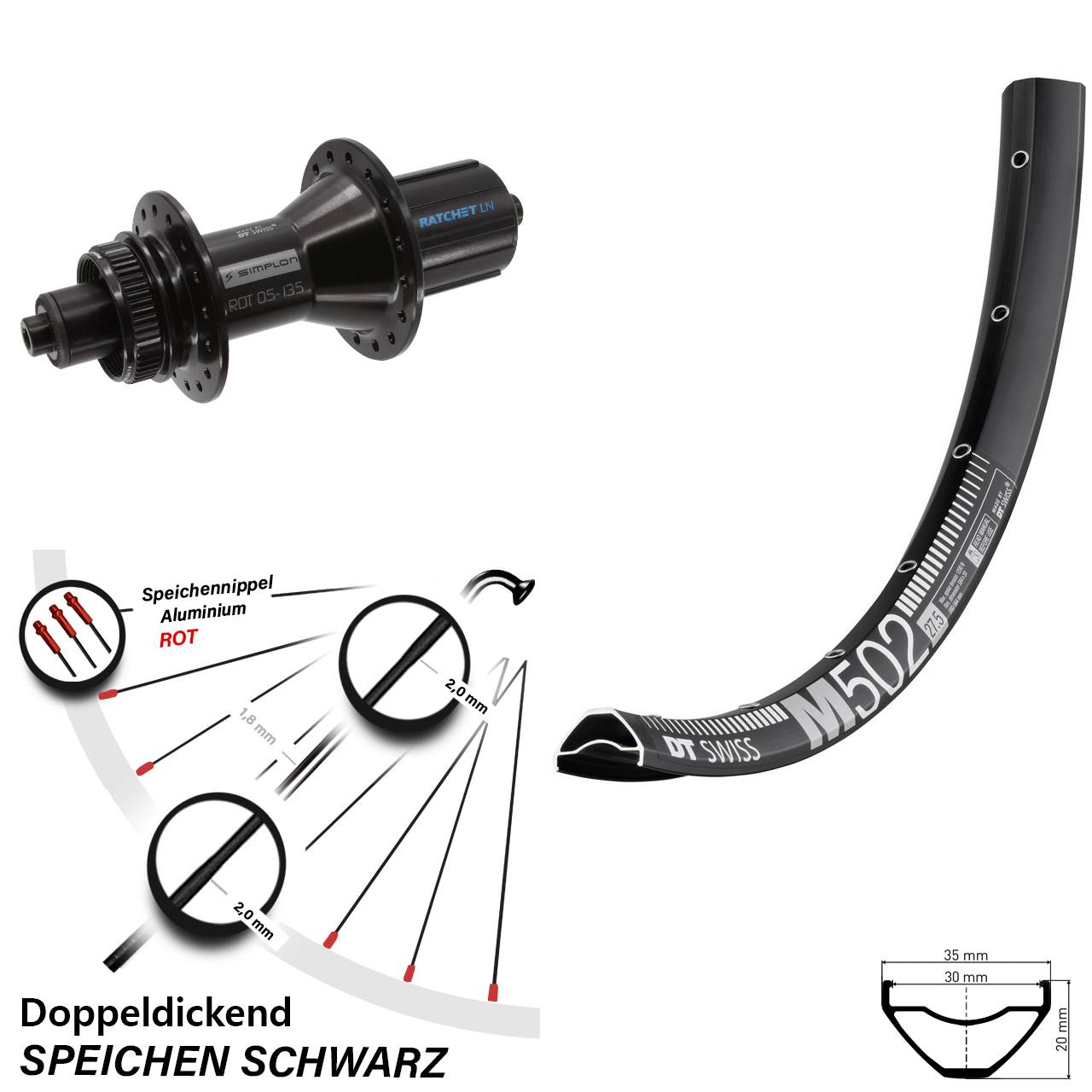 27,5 Zoll DT Swiss M 502-370 Hybrid Centerlock Hinterrad QR 8-11 fach HG