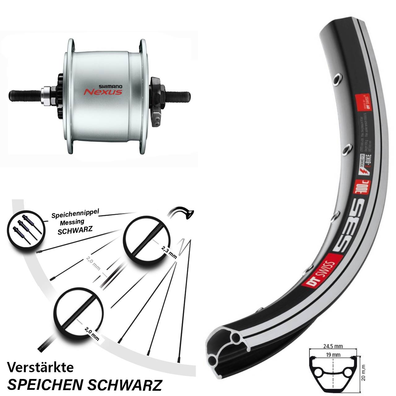 Nabendynamovorderrad Vollachse 26 Zoll DT Swiss 535 Shimano Nexus DH-C6000-3R