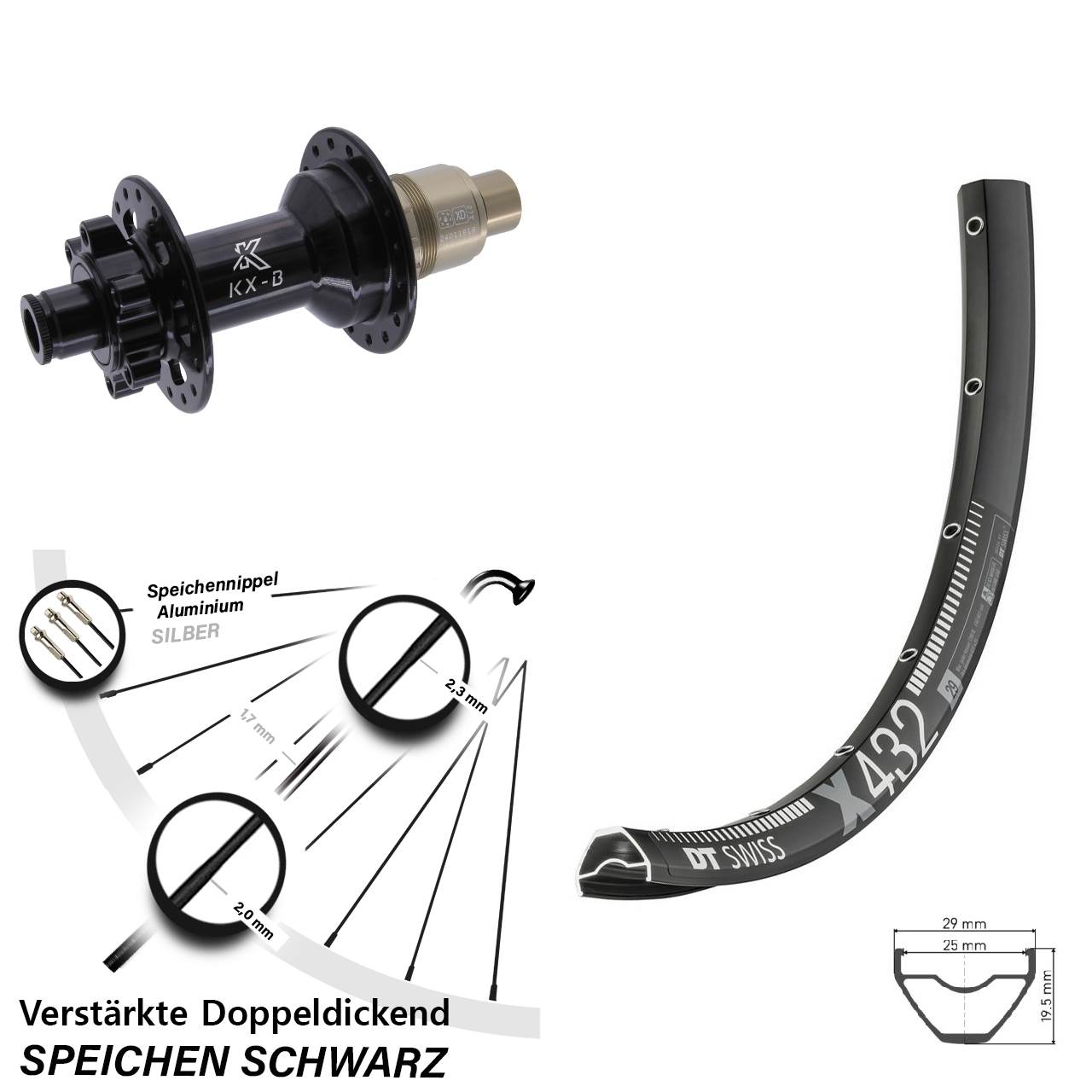 DT Swiss X432 KX-B 29 Zoll Hinterrad 6-Loch 12x148 SRAM XD