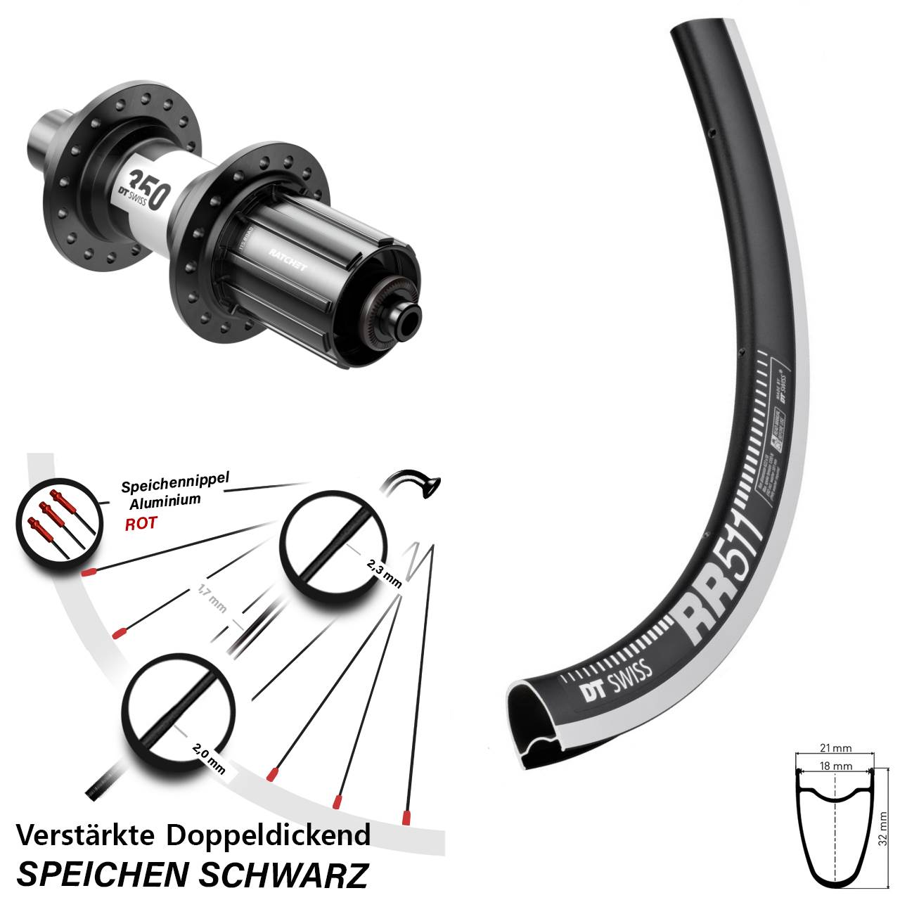 28 Zoll DT Swiss RR511 CNC-350 Rennrad Hinterrad QR 11-12 fach