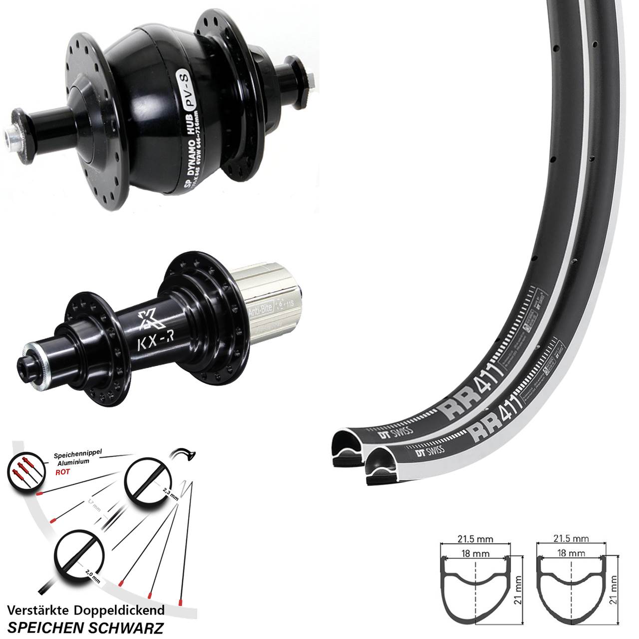DT Swiss RR411 OS KX-R SP PV-8 28 Zoll Laufradsatz für Schnellspanner 8-12 fach HG