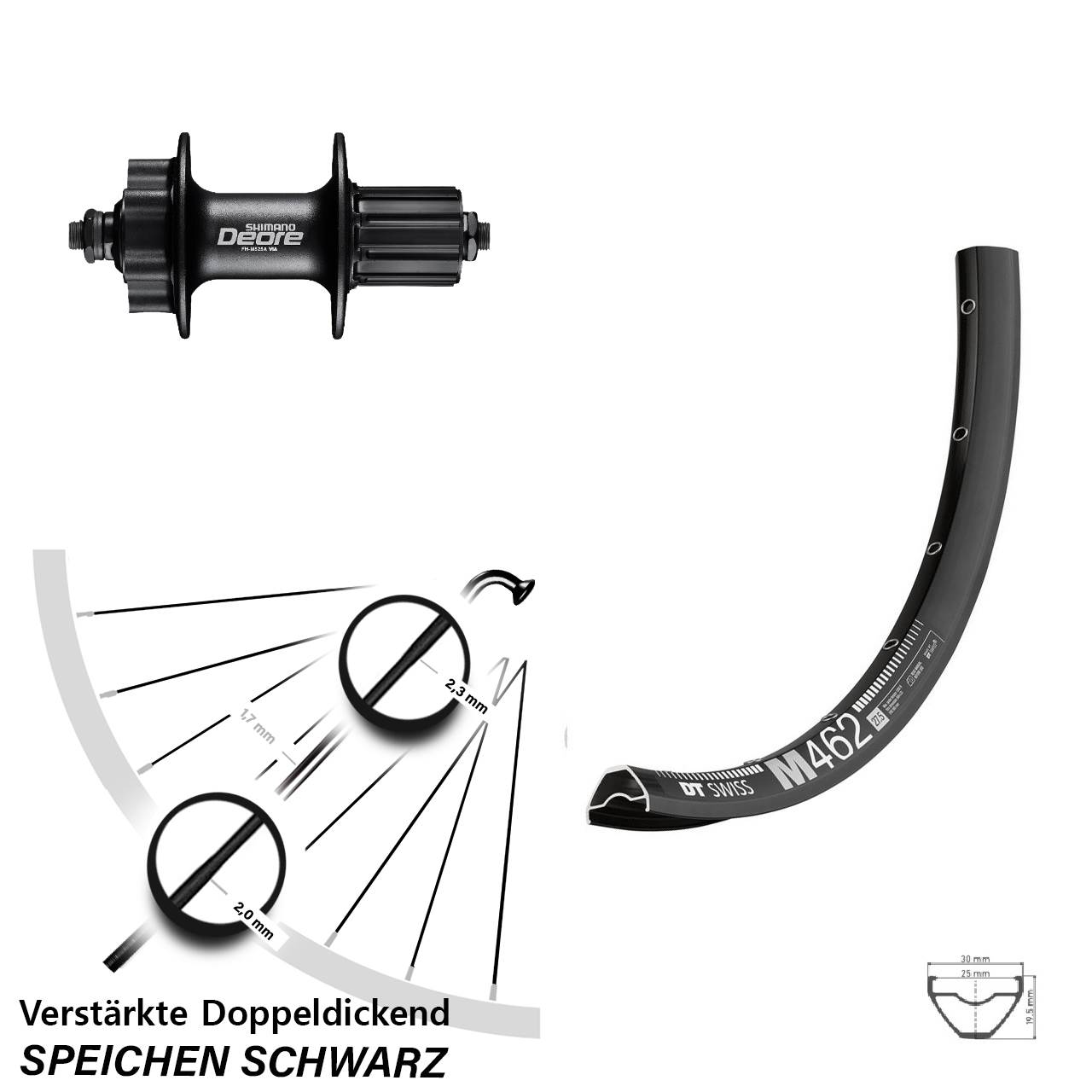 27,5 Zoll DT Swiss M462 Shimano Deore FH-M525 6-Loch Hinterrad QR 8-11 fach HG