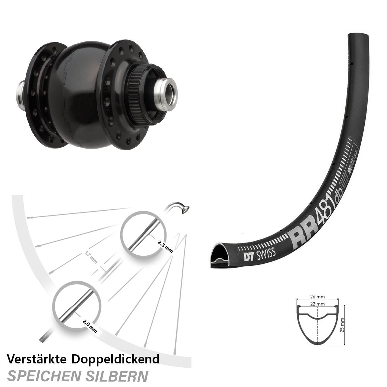 28 Zoll Nabendynamo Vorderrad DT Swiss RR 481 DB SON delux für Steckachse schwarz