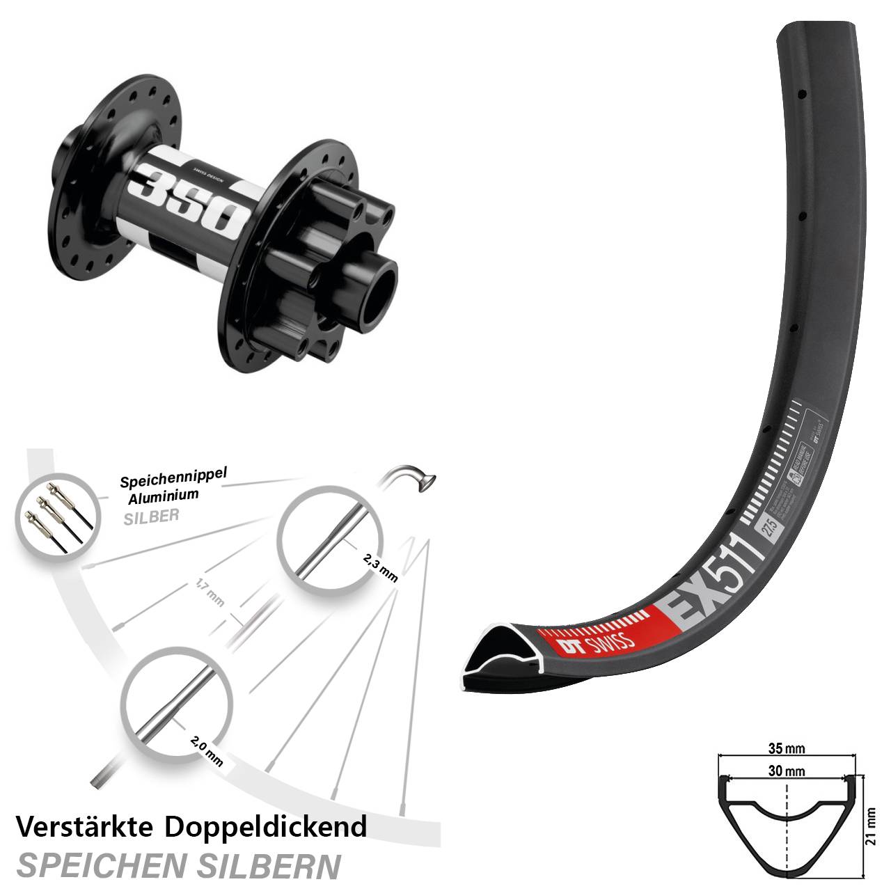 29 Zoll DT Swiss EX511-350 6-Loch Vorderrad 15x110 Boost