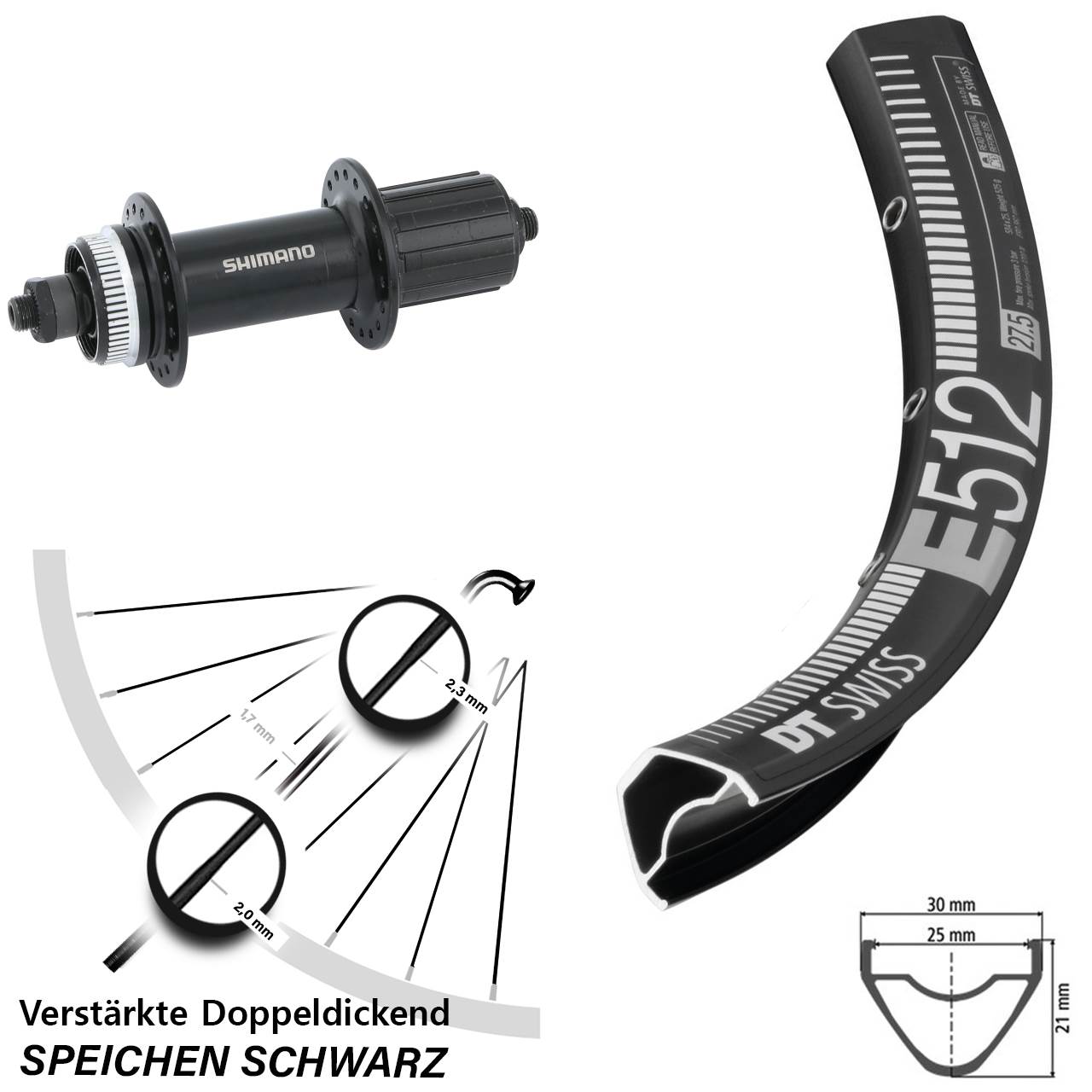 27,5 Zoll DT Swiss E 512 Shimano FH-MT200-B Disc Laufrad QR Boost 8-11 fach HG