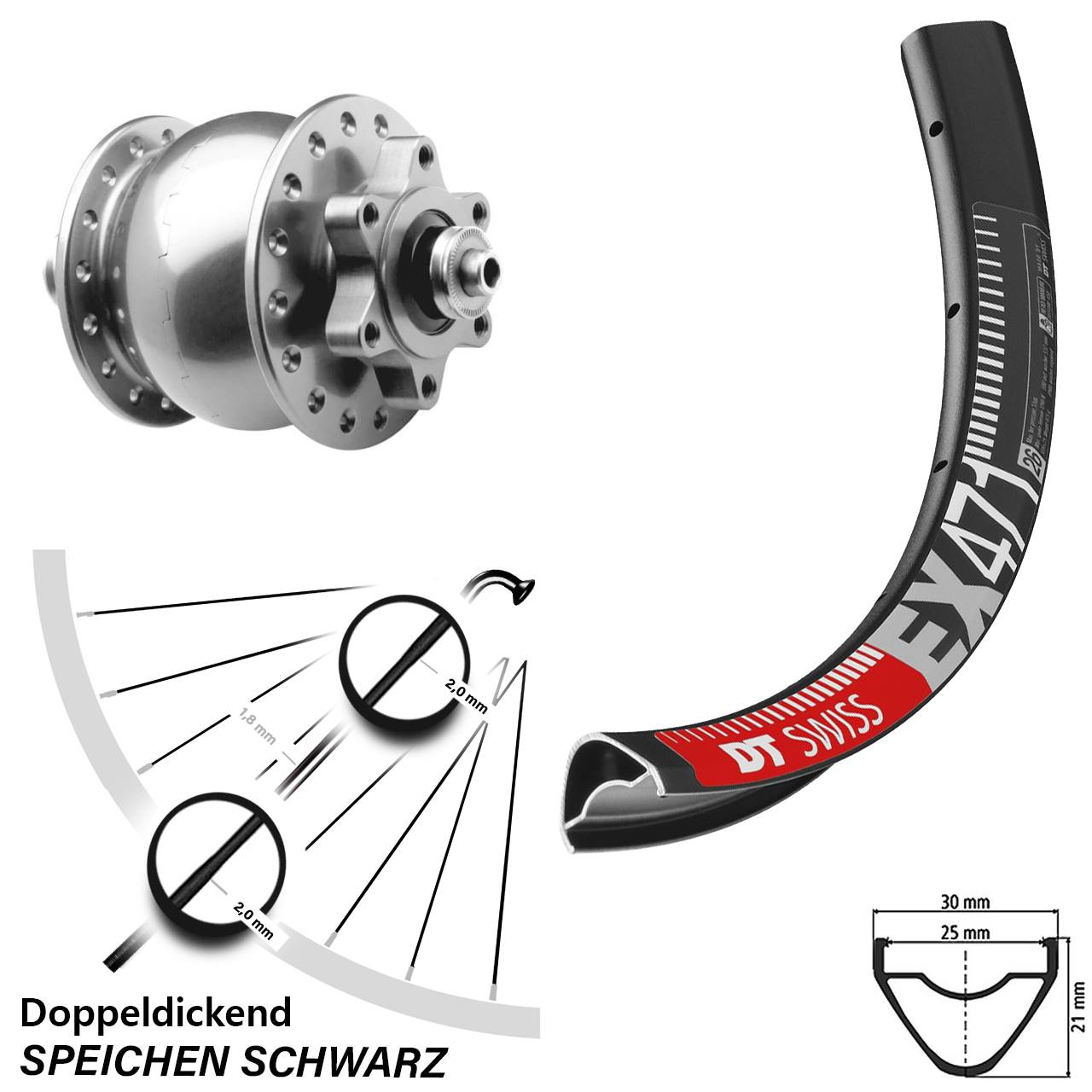 26 Zoll DT Swiss EX 471 SON 28 silbern 6-Loch Nabendynamovorderrad QR