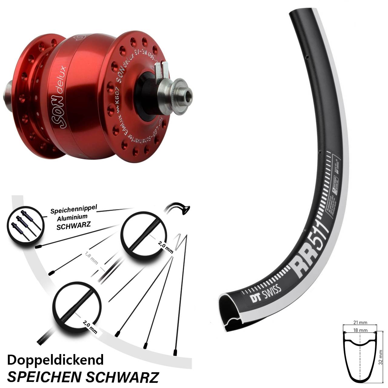 28 Zoll DT Swiss RR511 SON delux rot Dynamo-Vorderrad QR