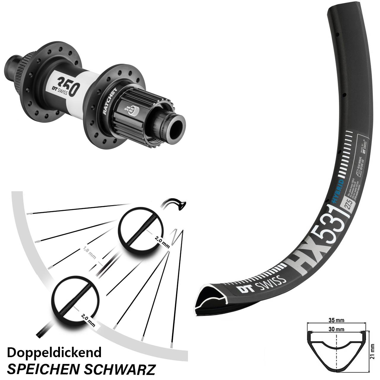 29 Zoll DT Swiss HX531-350 Hinterrad 12x142 Centerlock Micro Spline