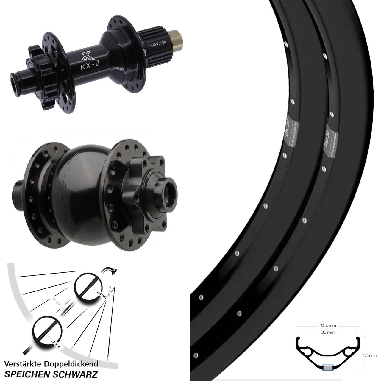 27,5 Zoll Ryde Disc 30 KX-B SON 28 Laufrad-Satz 15x110 12x148 Micro Spline