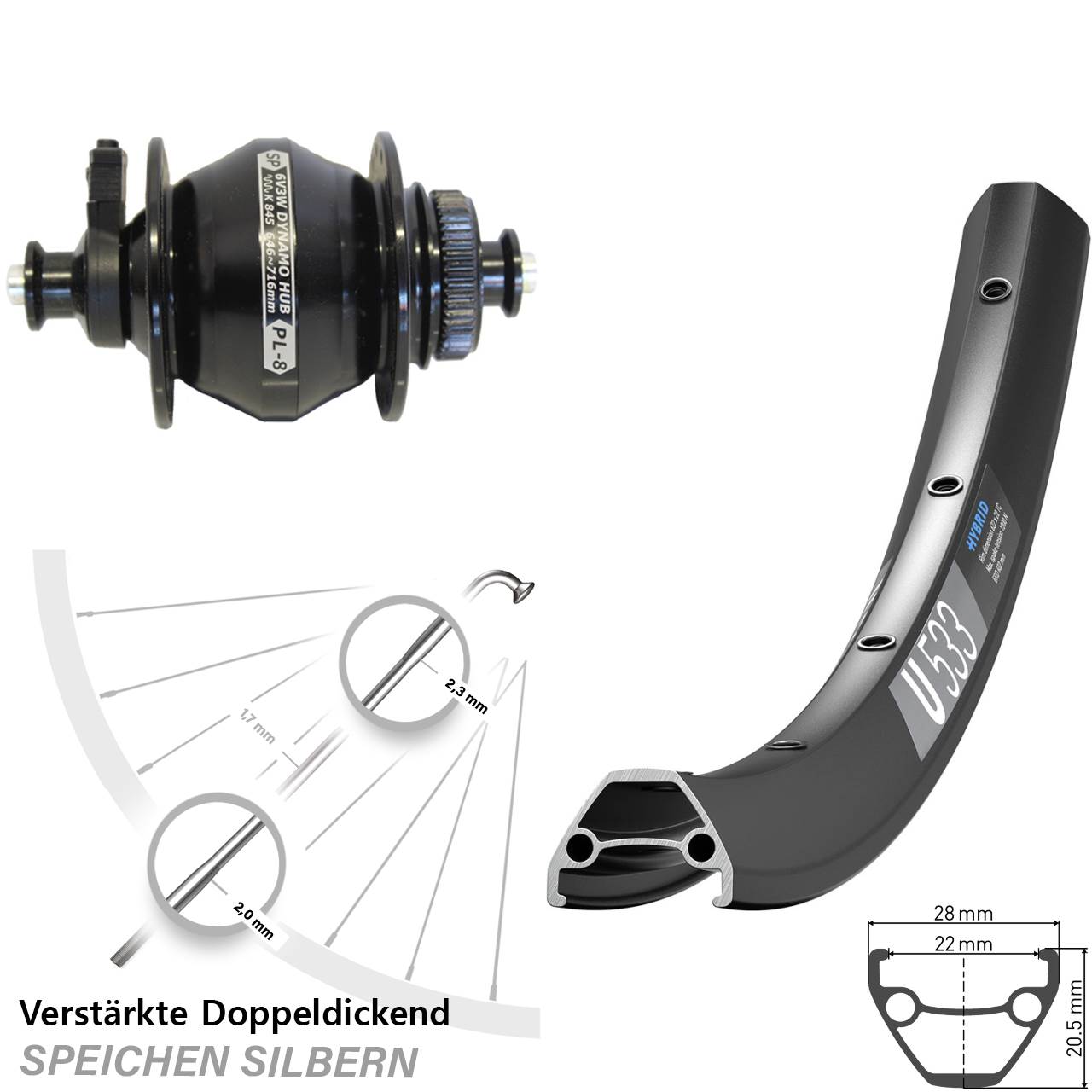 28-29 Zoll DT Swiss U533 Shutter PL-8 Dynamo-Vorderrad QR Centerlock