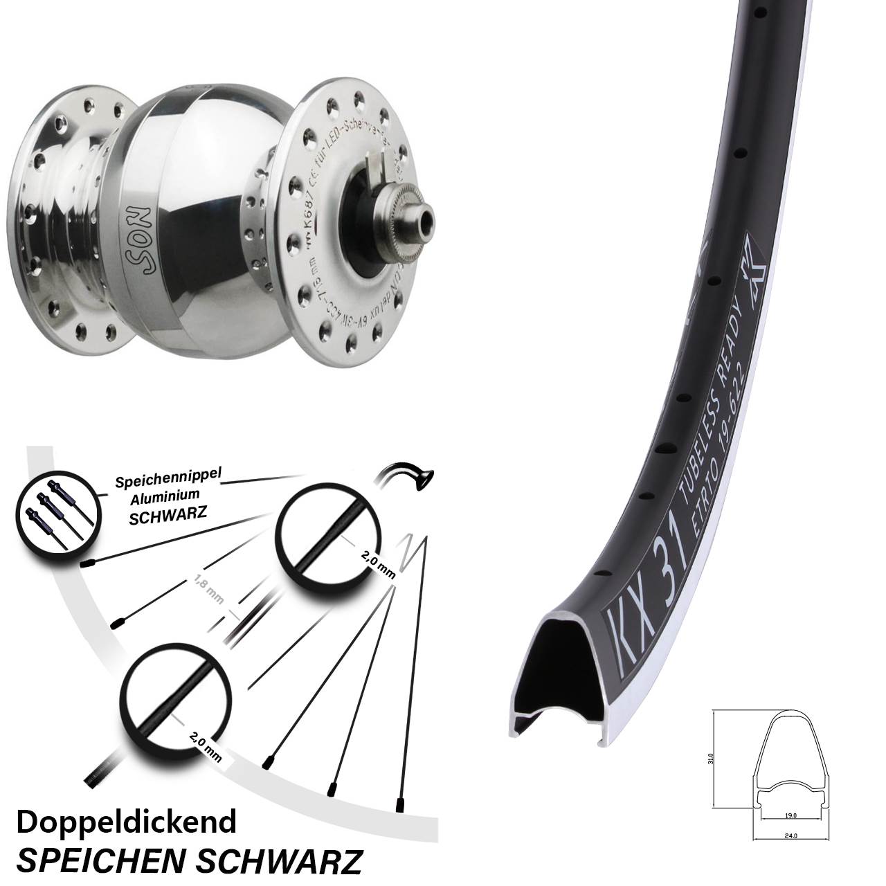 Nabendynamo-Vorderrad 28 Zoll KX 31 SONdelux wide body QR