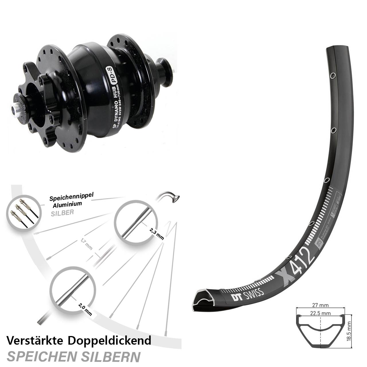 Vorderrad 28-29 Zoll DT Swiss X412 Shutter Precision 6-Loch Nabendynamo PD-8