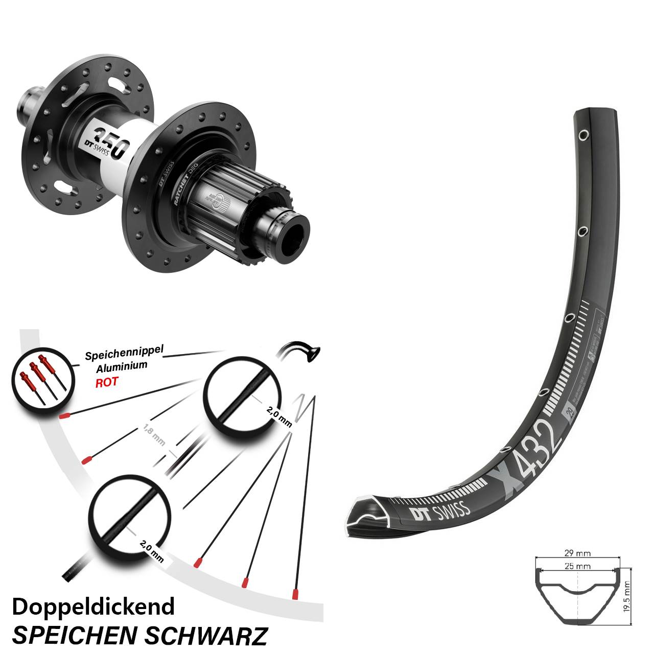 29 Zoll Hinterrad DT Swiss X 432-350 DEG72 Micro Spline Boost
