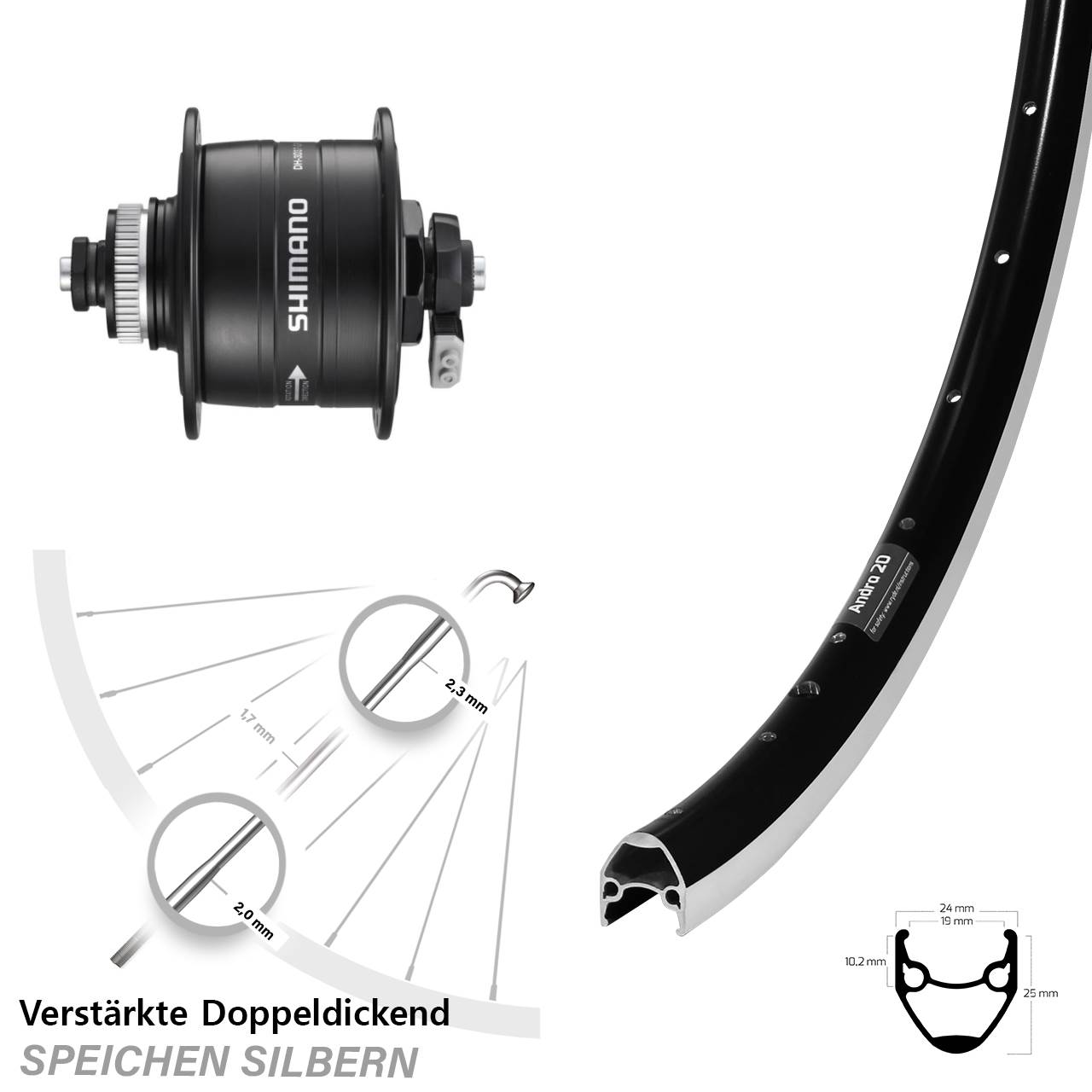 Vorderrad 28 Zoll Ryde Andra 20 Shimano DH-3D37 Nabendynamo