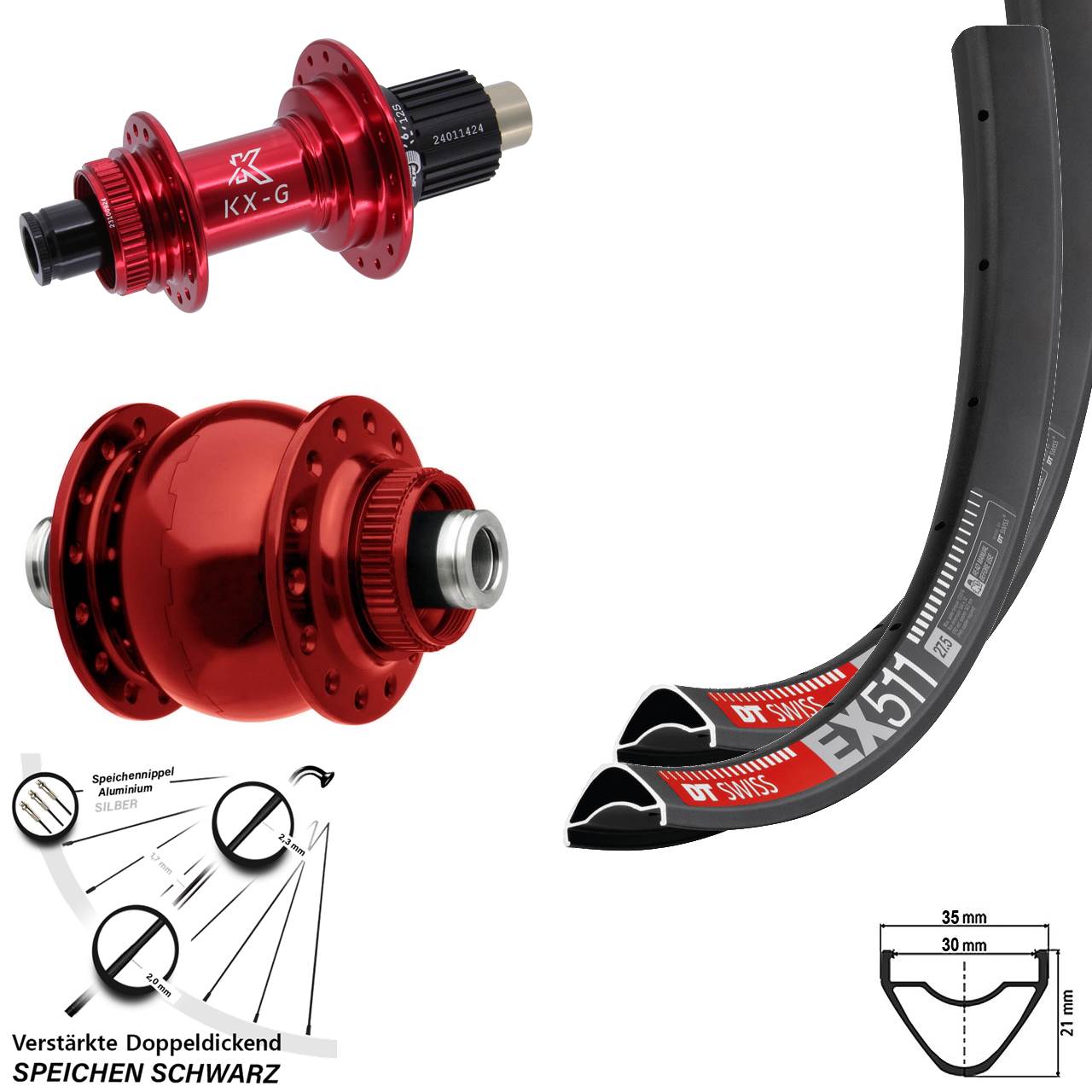 DT Swiss EX511 KX-G rot SON 28 27,5 Zoll Laufradsatz Disc 12x100/142 Micro Spline