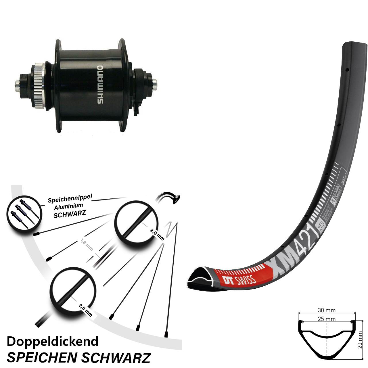 Disc Laufrad mit Nabendynamo für Schnellspanner 650B DT Swiss XM421 Shimano DH-UR700