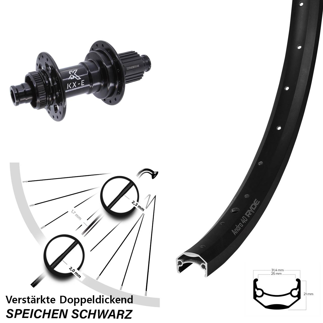 Hinterrad Centerlock 12x148 26 Zoll Ryde Andra 40 KX-E Heavy Duty Shimano Micro Spline