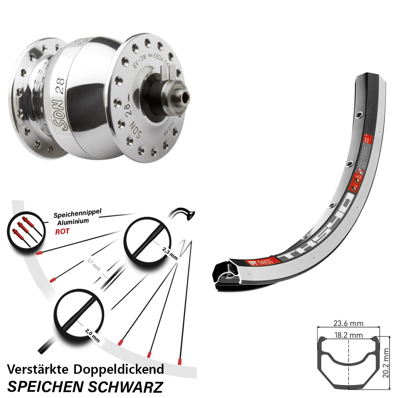 SON 28 Zoll DT Swiss TK 540 Nabendynamovorderrad für Schnellspanner
