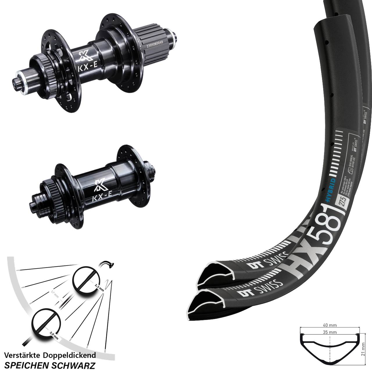 Laufrad-Satz 27,5 Zoll DT Swiss HX581 KX-E Micro Spline für Schnellspanner