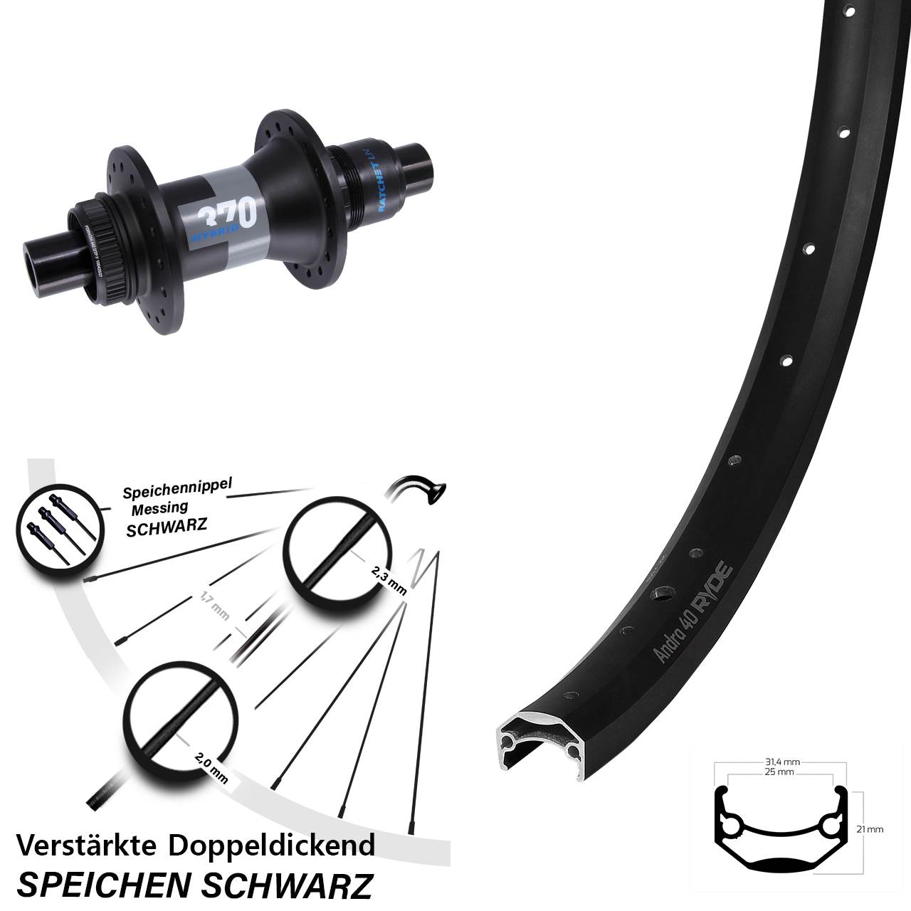 Centerlock Hinterrad 12x148 27,5 Zoll Ryde Andra 40 DT Swiss Hybrid 370 SRAM XD