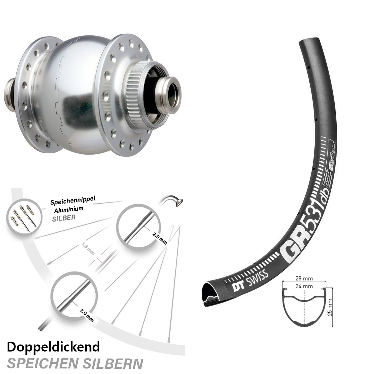 Vorderrad mit Nabendynamo DT Swiss GR531 SON 28 Zoll Centerlock 12x100 silbern