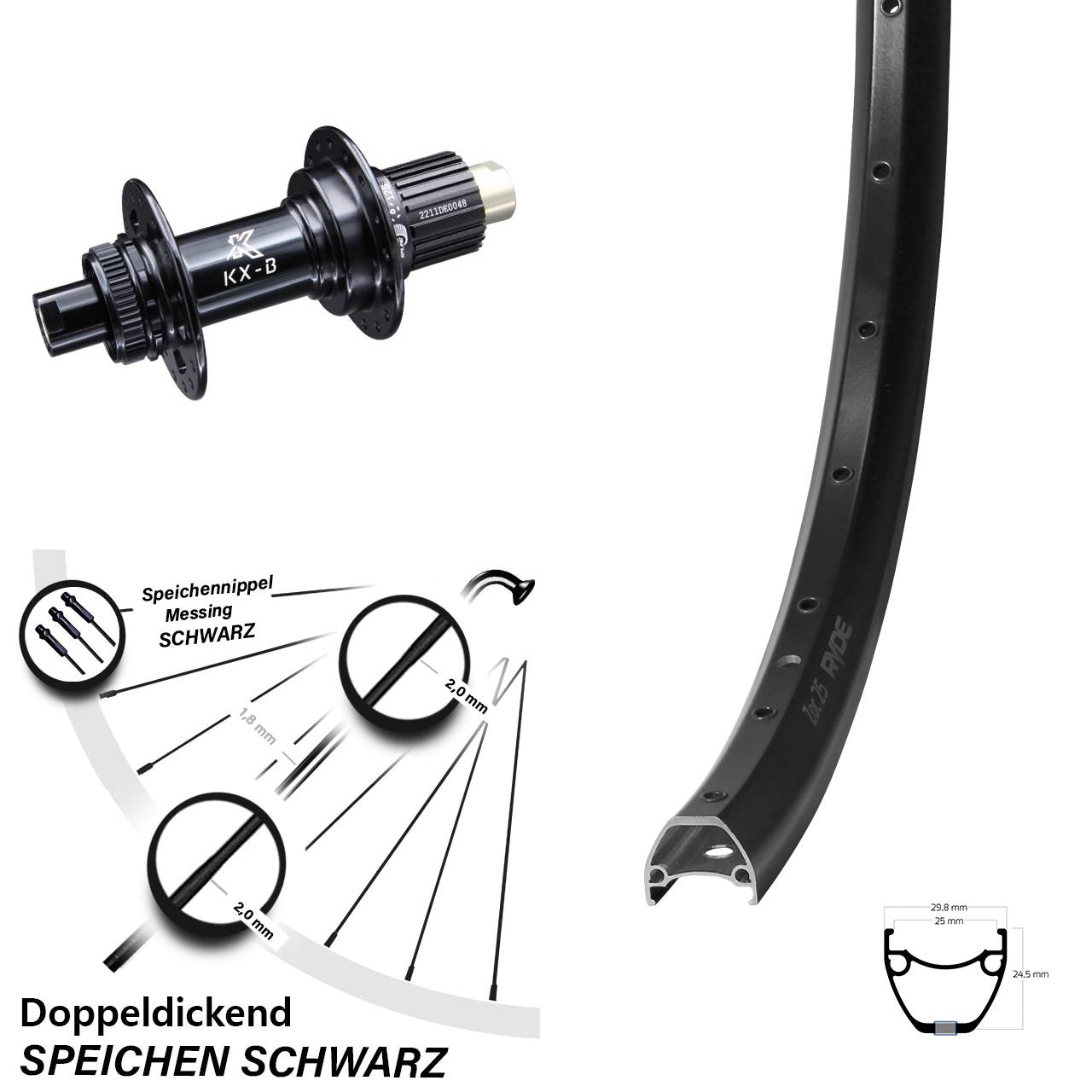 Ryde ZAC 25 KX-B 28-29 Zoll Hinterrad Centerlock 12x148 Shimano Micro Spline