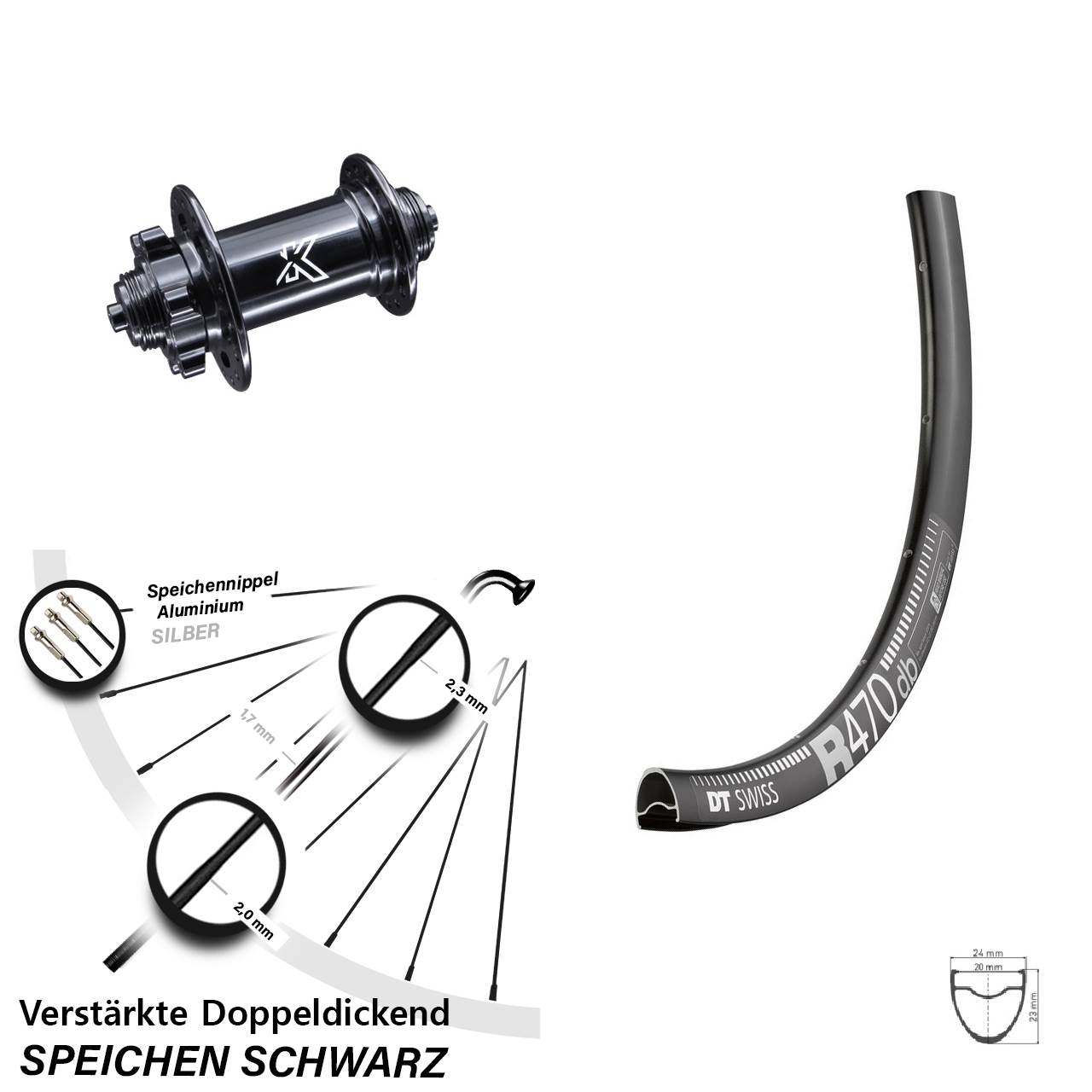 DT Swiss R470 Vorderrad 28 Zoll KX-M 6-Loch QR