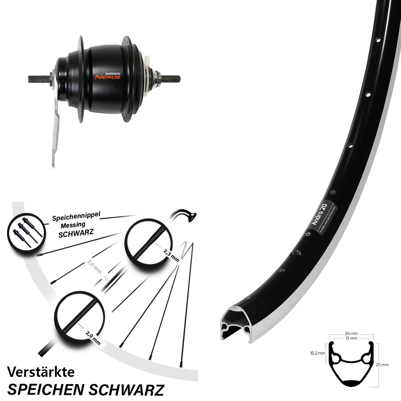 Hinterrad 28 Zoll Ryde Andra 20 Shimano Nexus 8 Gang Rücktritt schwarz