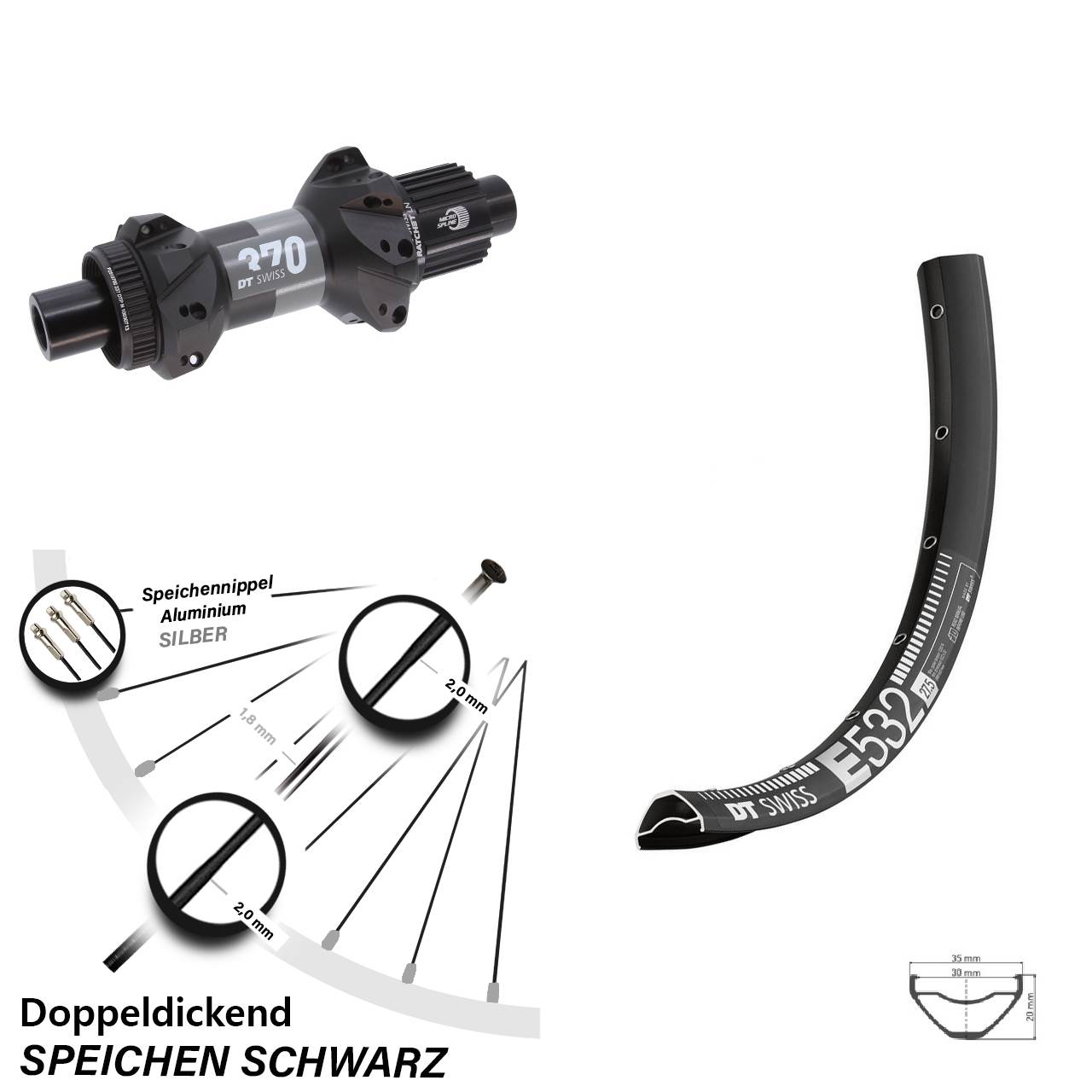 Centerlock Hinterrad 12x148 29 Zoll DT Swiss 370 Straightpull Micro Spline