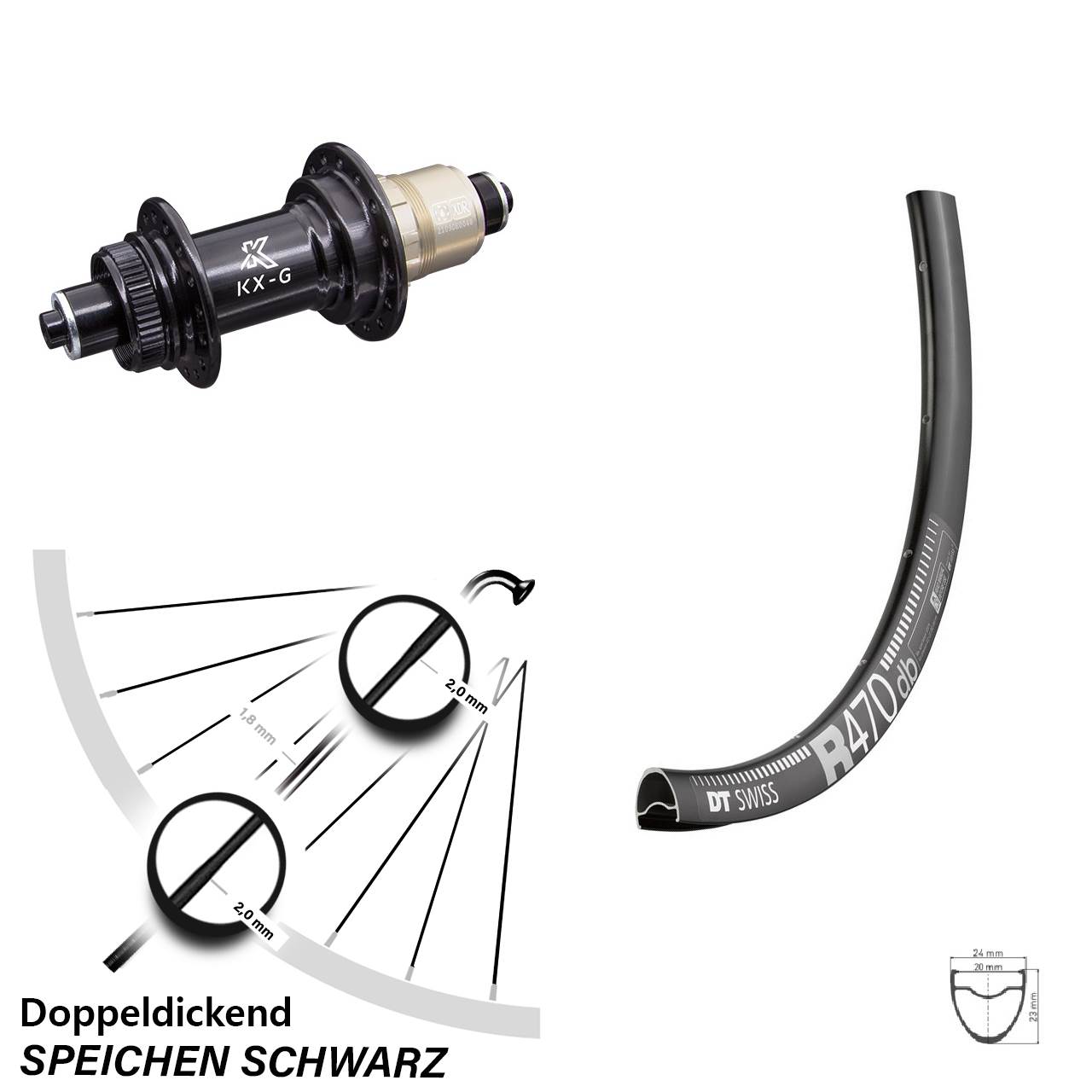 28 Zoll Hinteres Rad DT Swiss R 470 DB mit KX-G Nabe Sram XD-R 12-fach