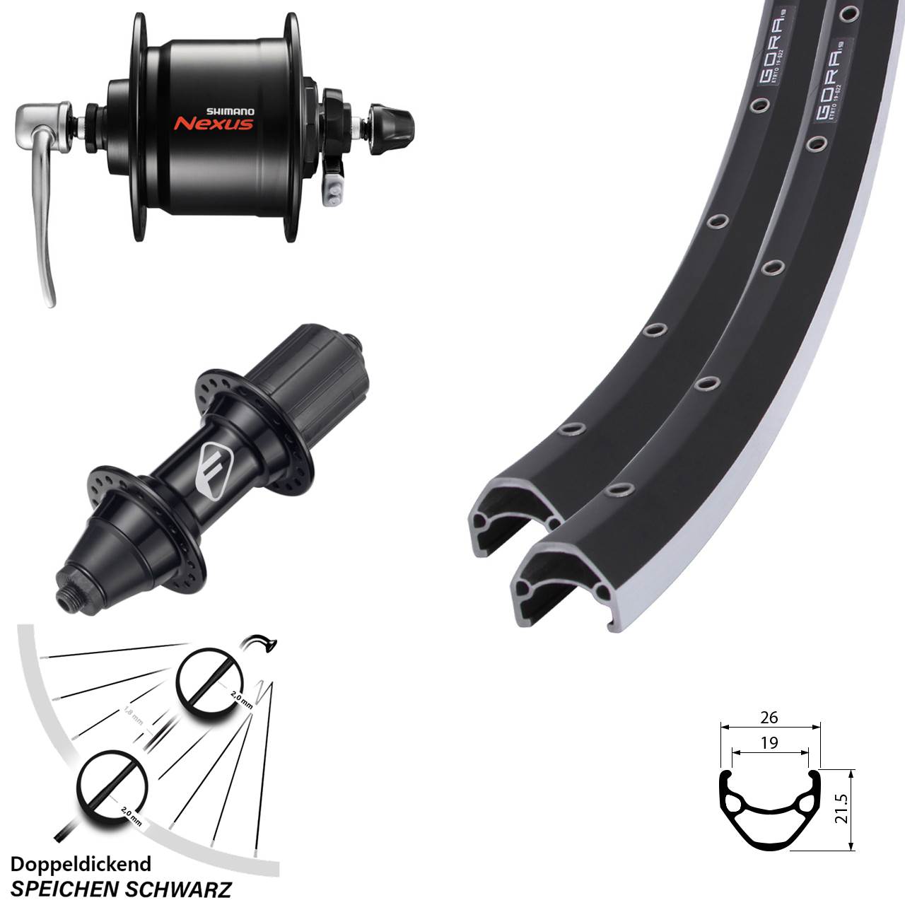 Gora 19 Formula FM-32 Shimano DH-C3000 28 Zoll Laufrad-Satz QR 7 fach HG