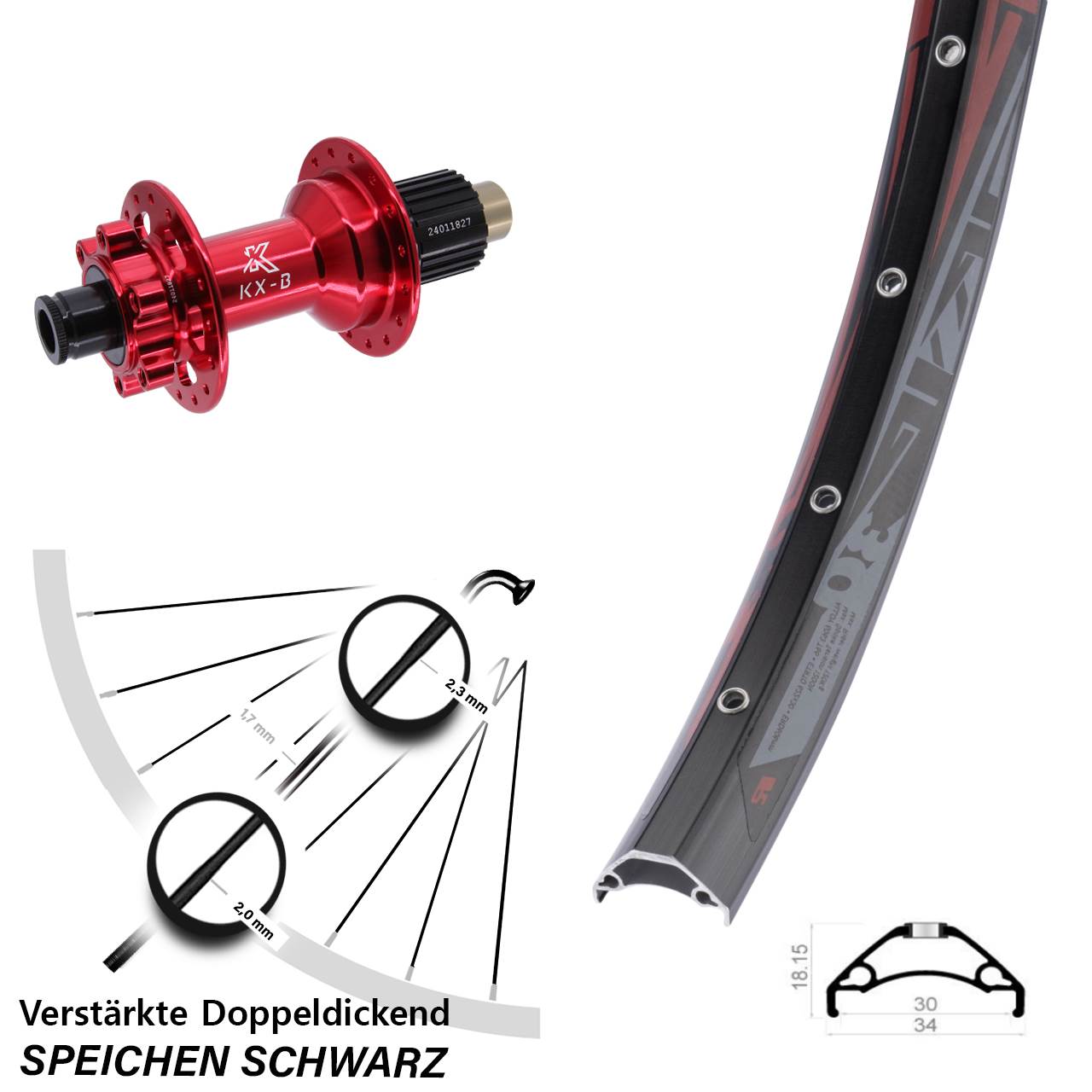 29 Zoll Rodi TRYP 30 KX-B rot Disc Hinterrad 12x148 Shimano Micro Spline