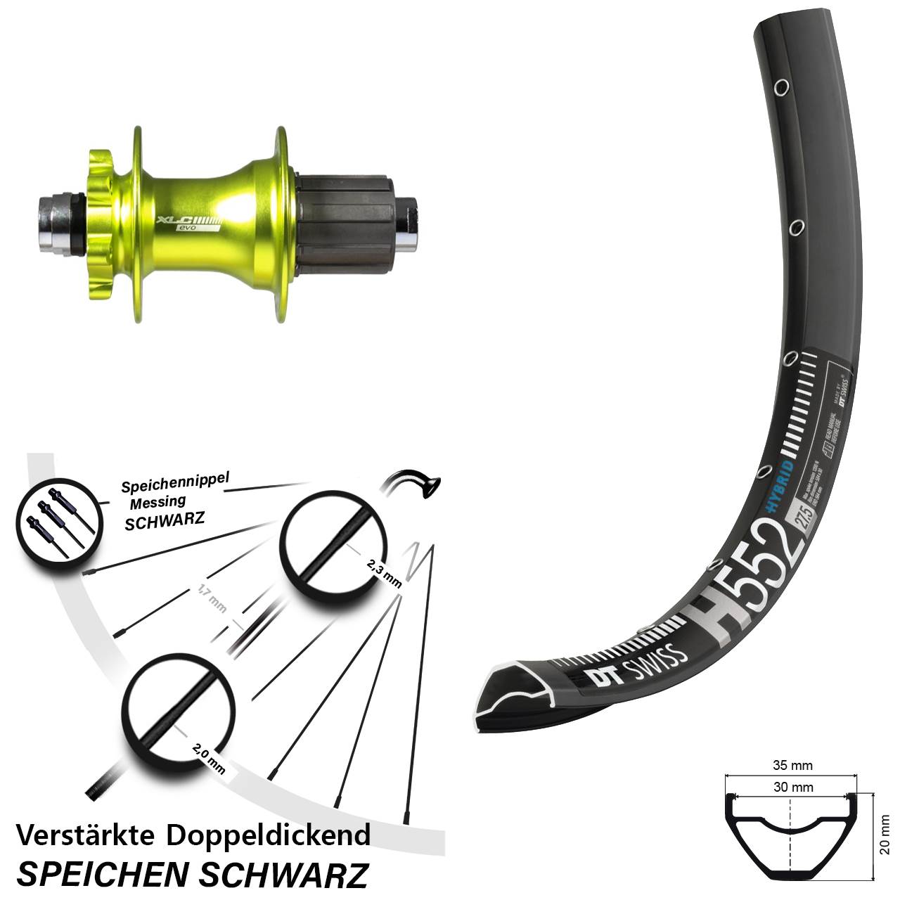 Hinterrad 6-Loch 27,5 Zoll DT Swiss H 552 XLC Evo grün 8-11 fach HG 12x142
