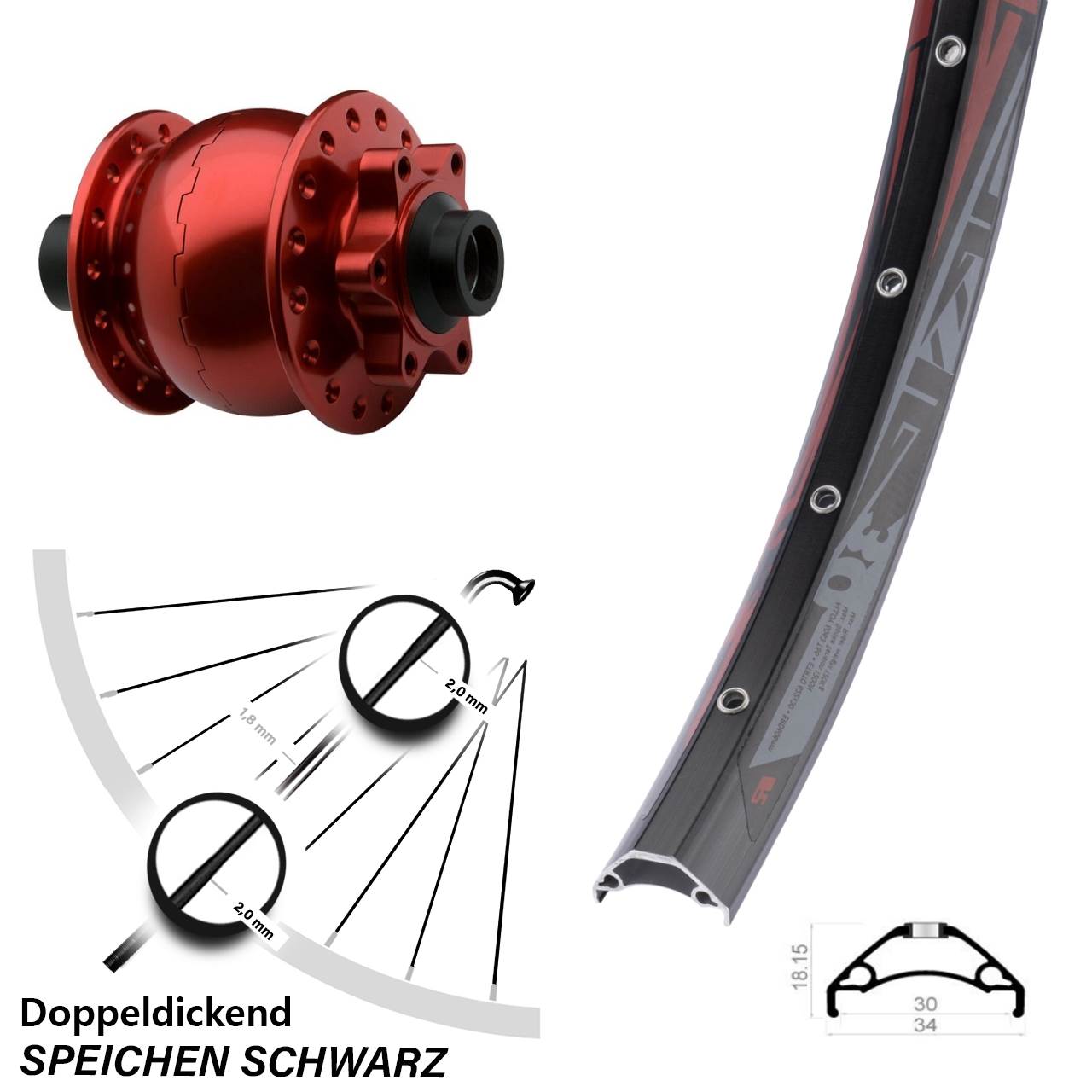 Nabendynamovorderrad 6-Loch 29 Zoll Rodi TRYP 30 SON 28 rot 15x100