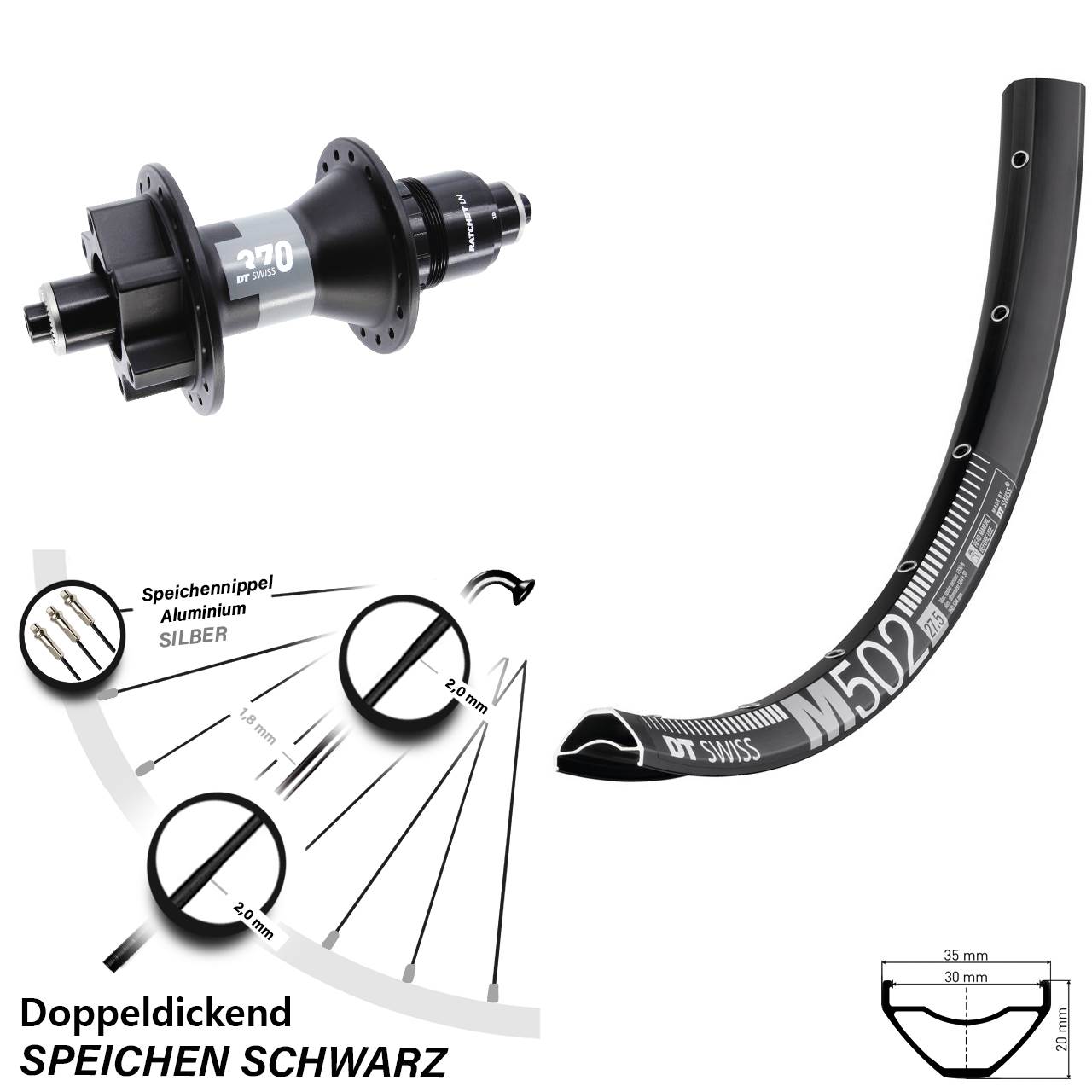 DT Swiss M502 370 29 Zoll Disc Hinterrad für Schnellspanner Boost SRAM XD