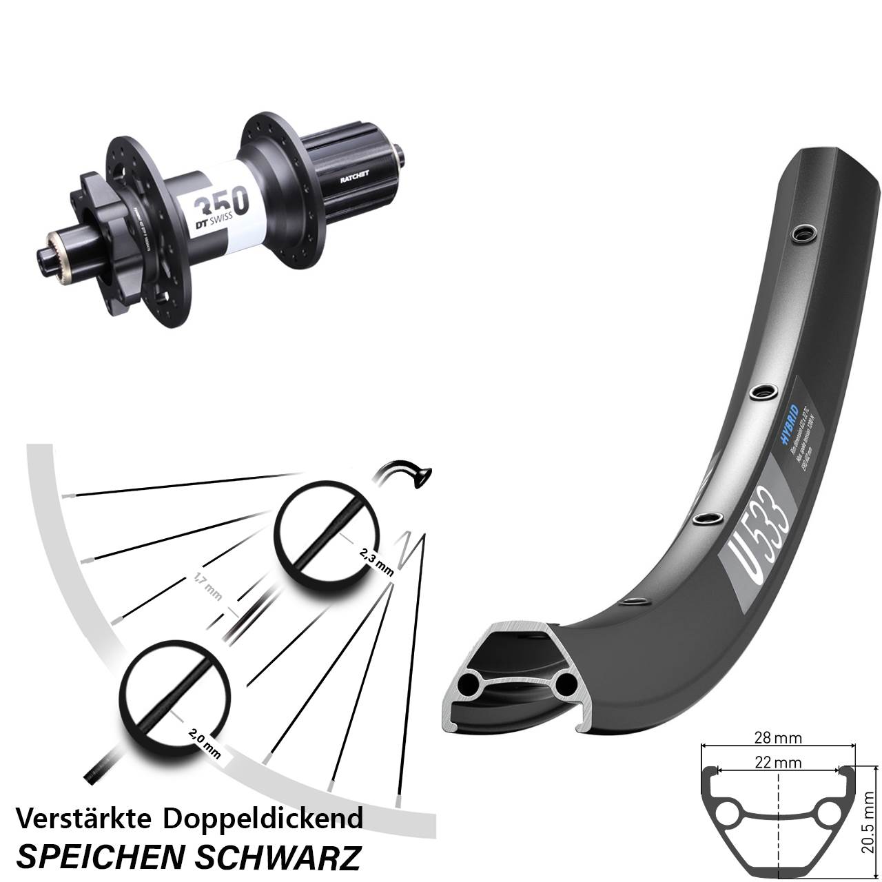 28-29 Zoll U533 DT Swiss 350 Hinterrad QR 8-11 fach HG